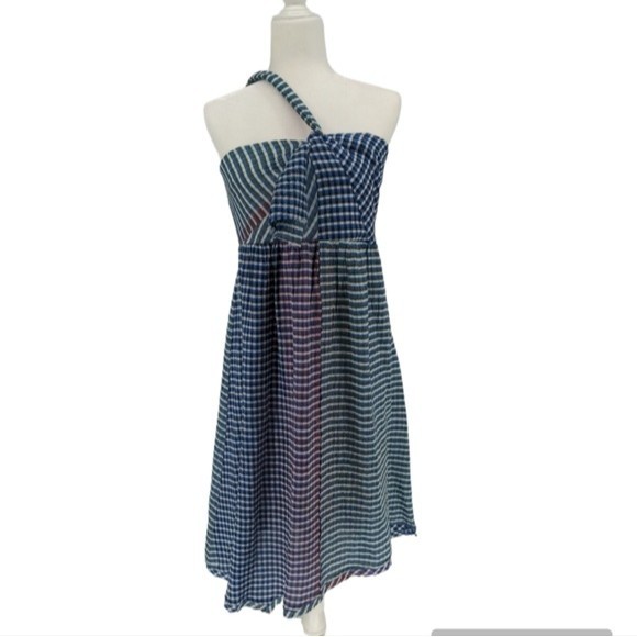 Maeve Anthropologie Waverly Gingham Plaid Blue Purple One Shoulder Dress Size 8 - Picture 1 of 15